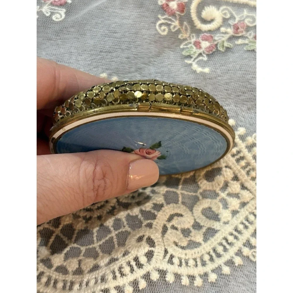 Vintage Guilloche Enamel Powder Compact Blue Pink Rose Gold Tone Vanity Mirror